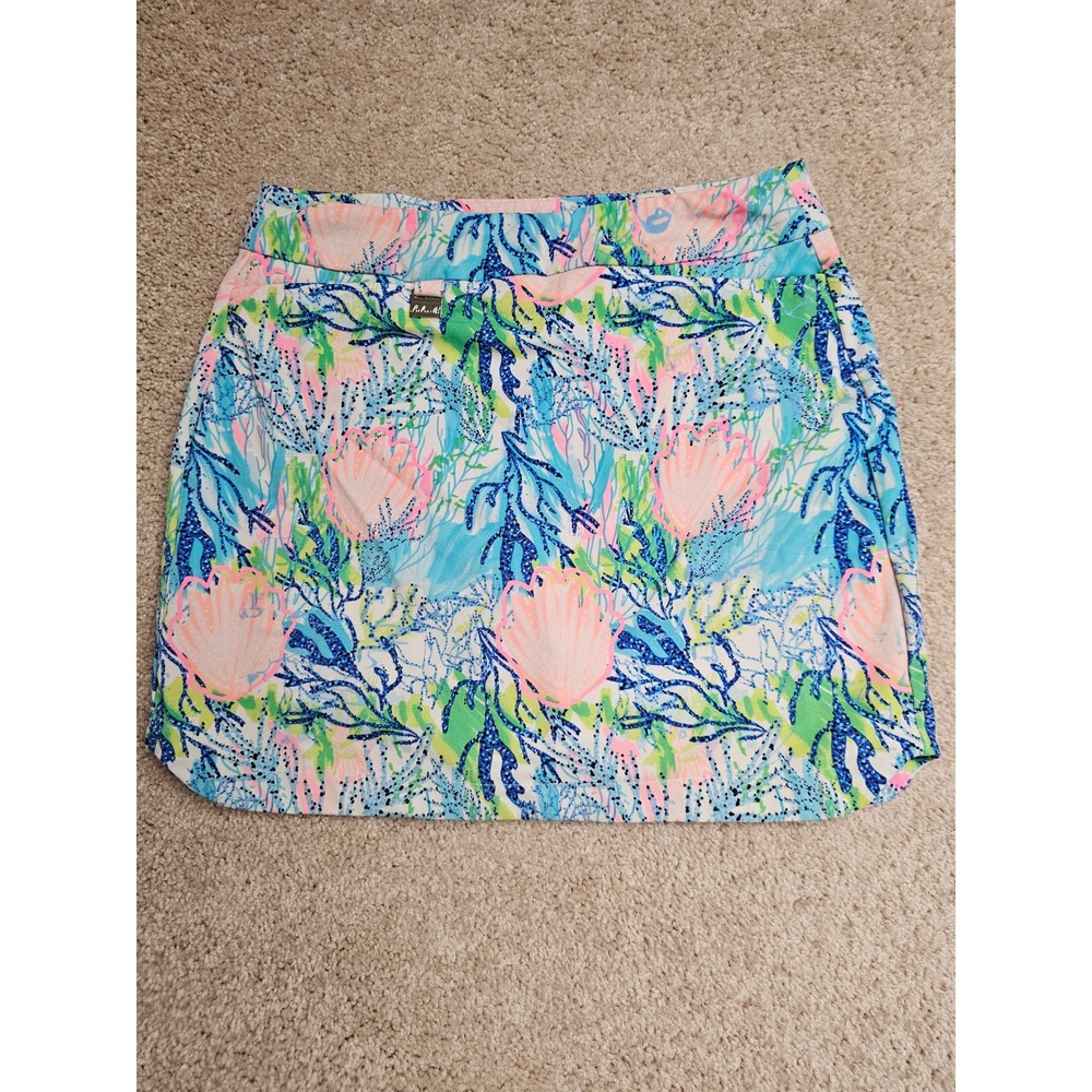 Lulu-B Women Blue Pink Coral Shell Print Active Skort Size 6 Golf Tennis Skirt